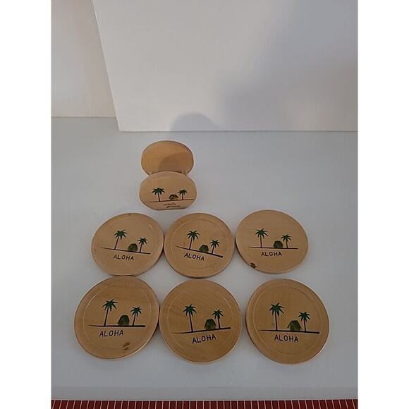 Hawaii Aloha Coasters Wood Hand Painted Round Set of 6 Rack MCM Vintage Tiki - Picture 2 of 9